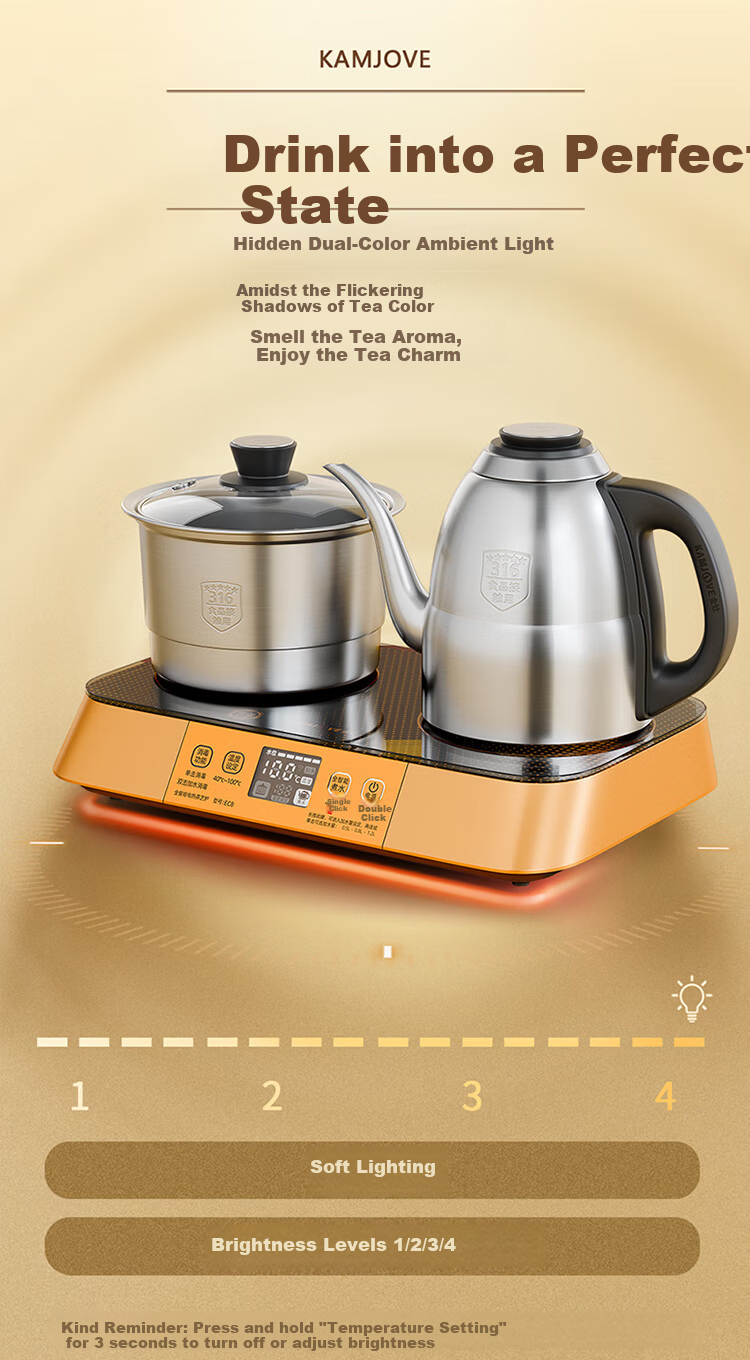 KAMJOVE EC8 Fully Automatic Water Filling Electric Kettle 1.2L 316 Stainless Steel Smart Remote Control Electric Tea Stove with Temperature Preservation and Tea Brewing Set 3
