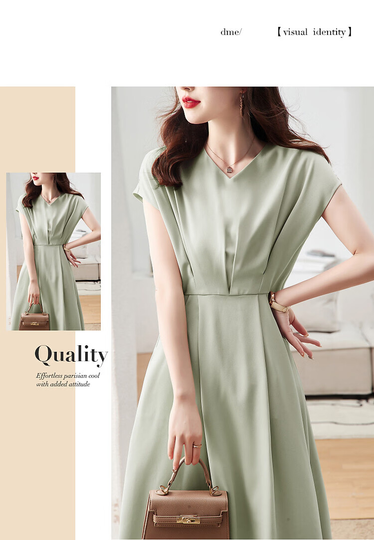 DME A-Line Skirt Summer Commuter V-Neck Short Sleeve Simple Mid-Length Dress for Women 11