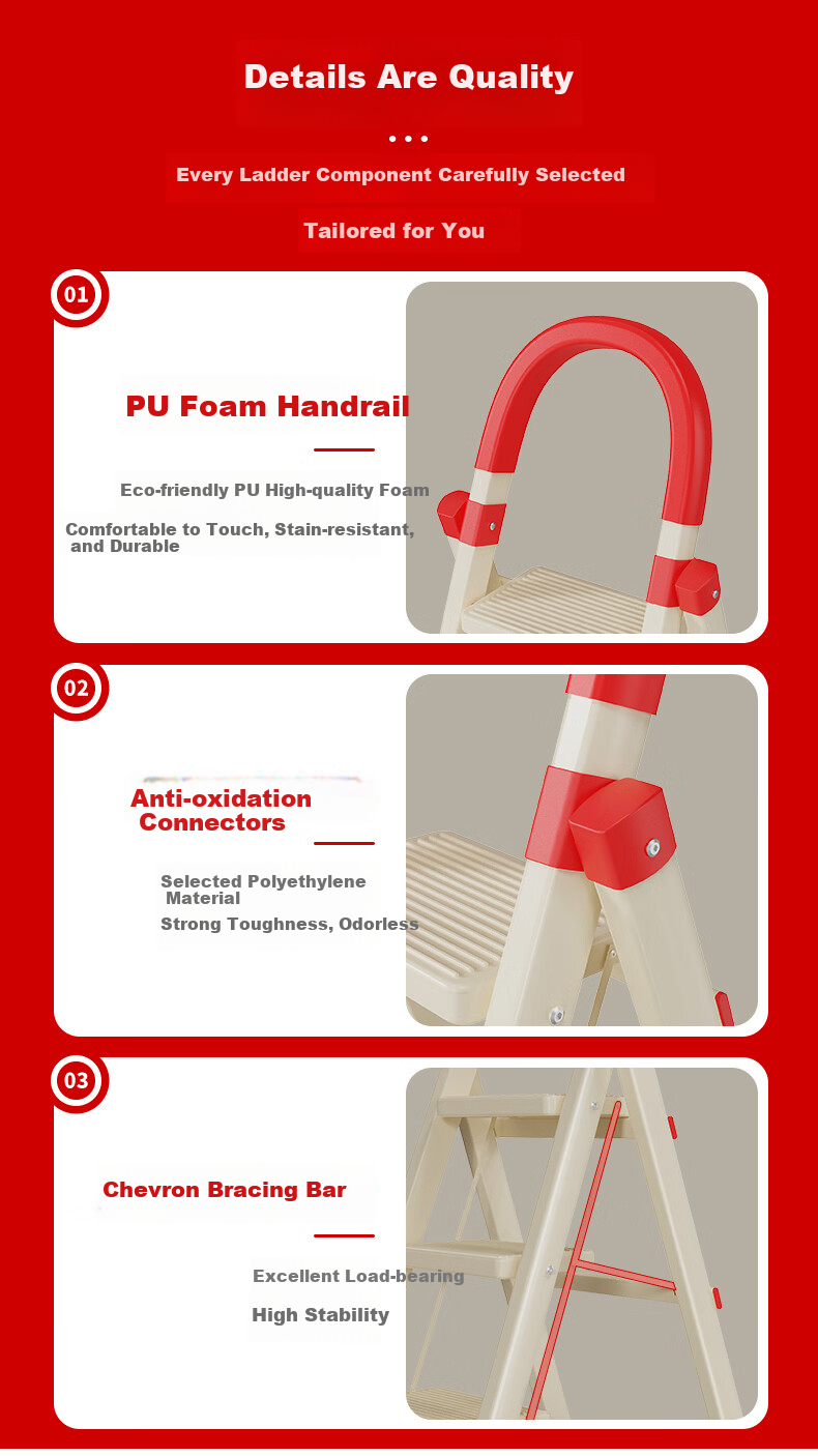 DU PONT Household Folding A-Frame Ladder Indoor Thickened Multi-Functional Safety Step Ladder Red and White 6-Step 9