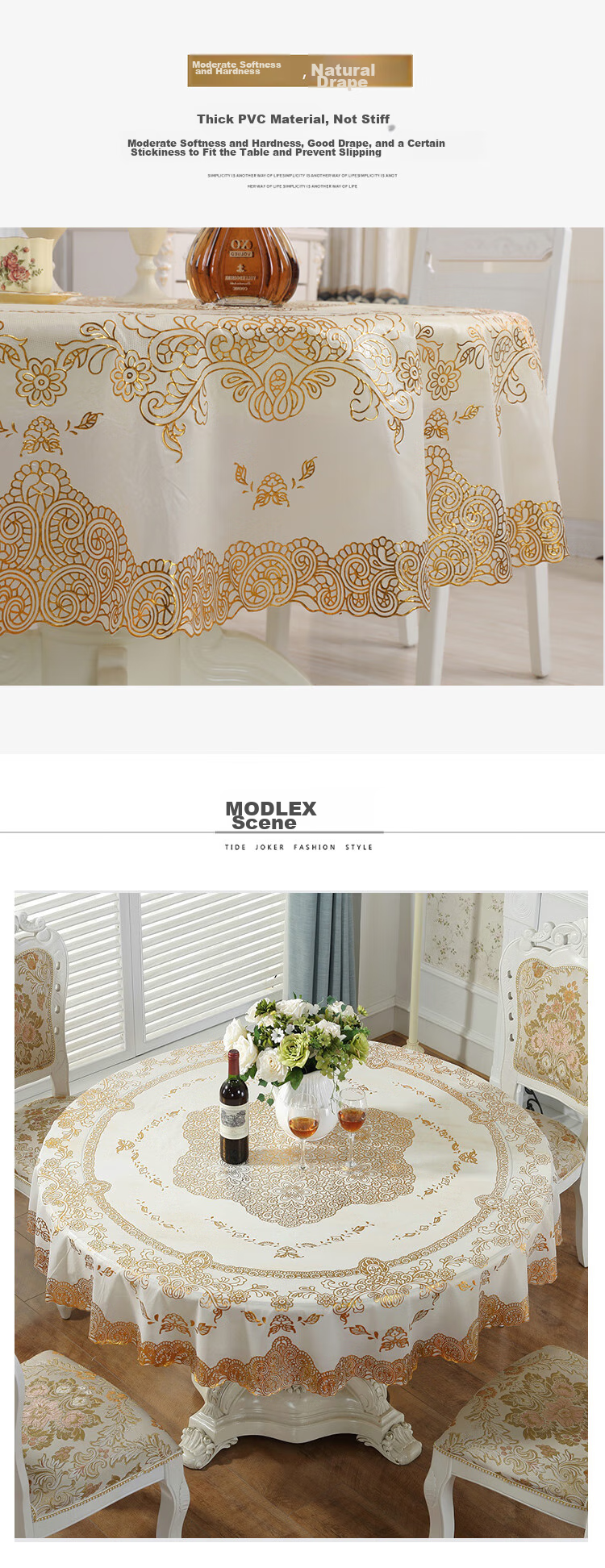 AVIVI Round Tablecloth, Waterproof And Oil-Proof, Circular Dining Table Cover, Coffee Table Mat, PVC Table Mat, 180*180cm, Golden Prosperity 3