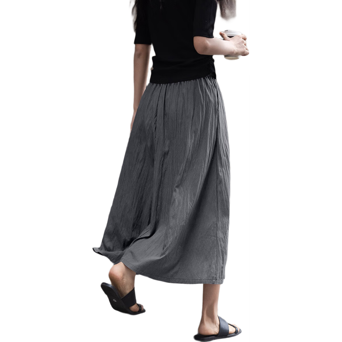 Dme [Relaxed Gray Midi Skirt] Spring And Autumn Wear, Draping, Simple, Loose-Fitting, Elastic Waist, Everyday Layered Midi Skirt