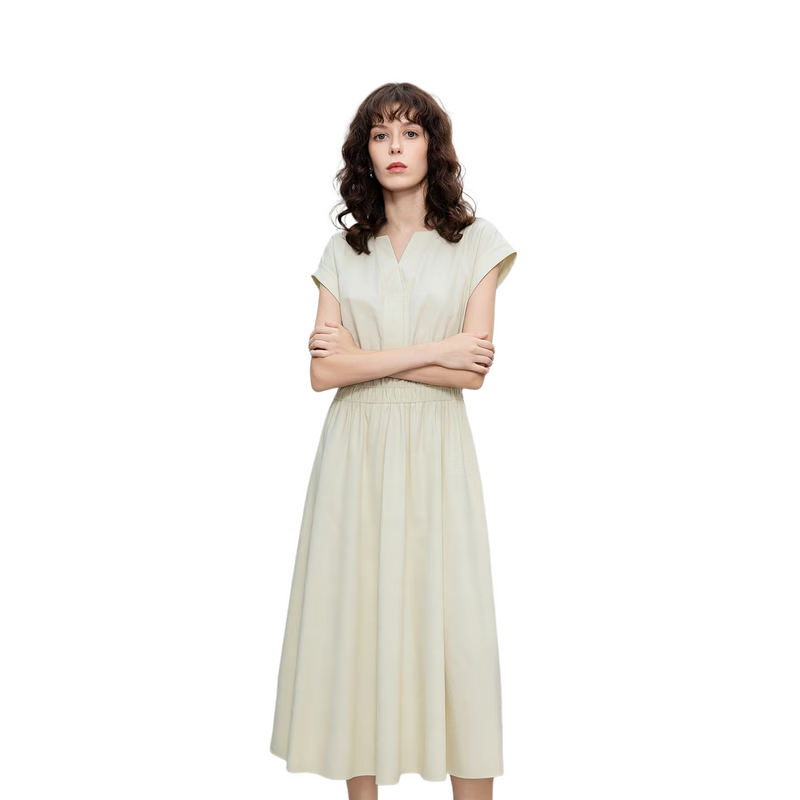 Demana [Lyocell Cotton Blend] Summer Simple Style V-Neck Short Sleeve Waist-Cinched A-Line Slimming Work Dress for Women