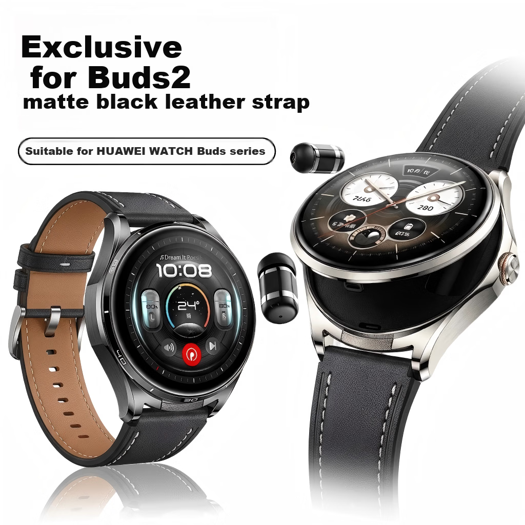 XUANDAI Compatible with Huawei Watch Buds 2, Push-In Leather Strap, Smart WATCH Buds Band, Fashionable Sports Earphone, Men's Leather Breathable Soft Replacement Accessory - Mysterious Black