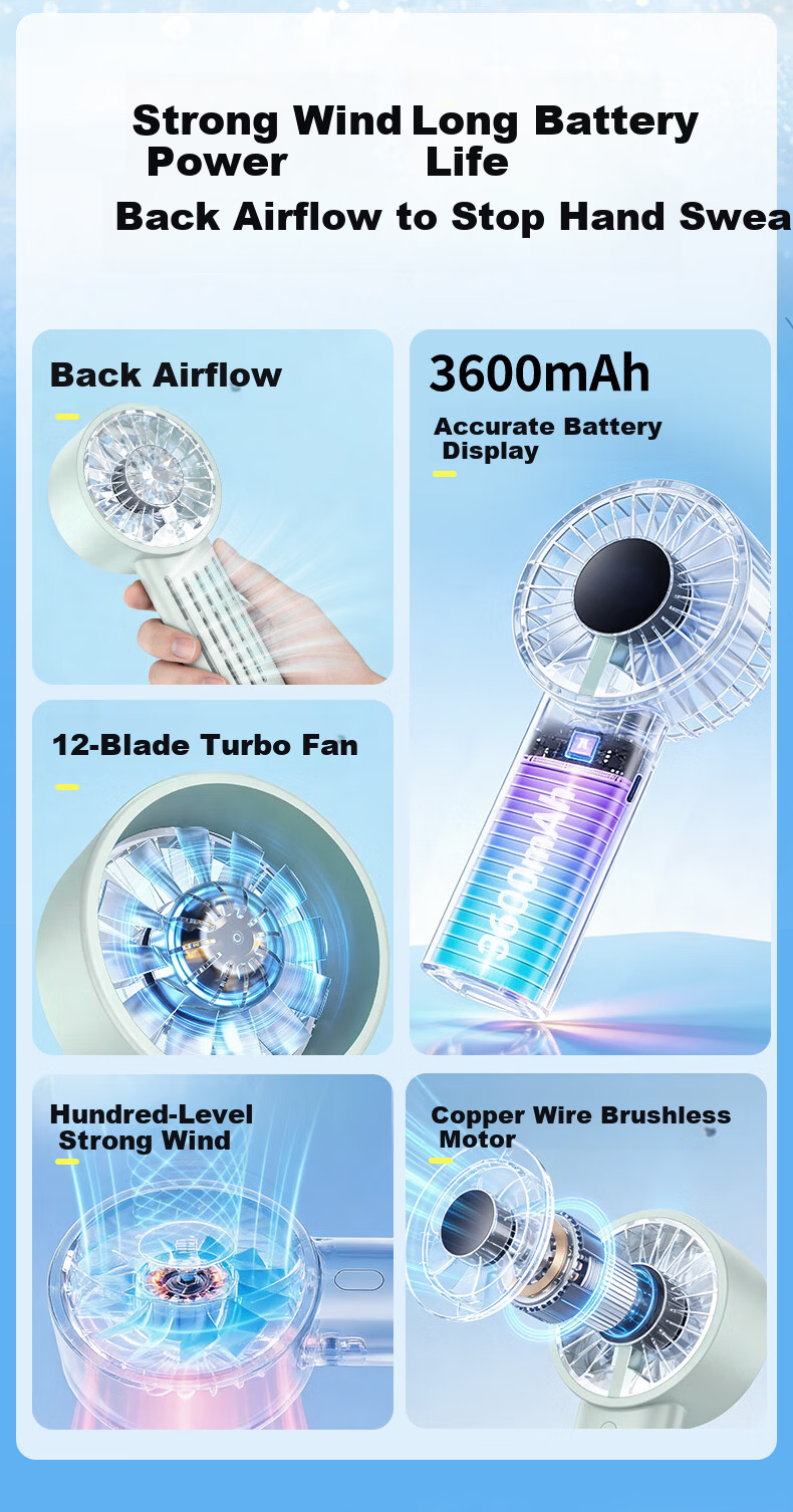 Diamond Brand Handheld Mini Fan High-Speed Energy-Saving Portable Rechargeable Quiet Powerful Outdoor Personal Fan for Students Dormitory Back to School 2
