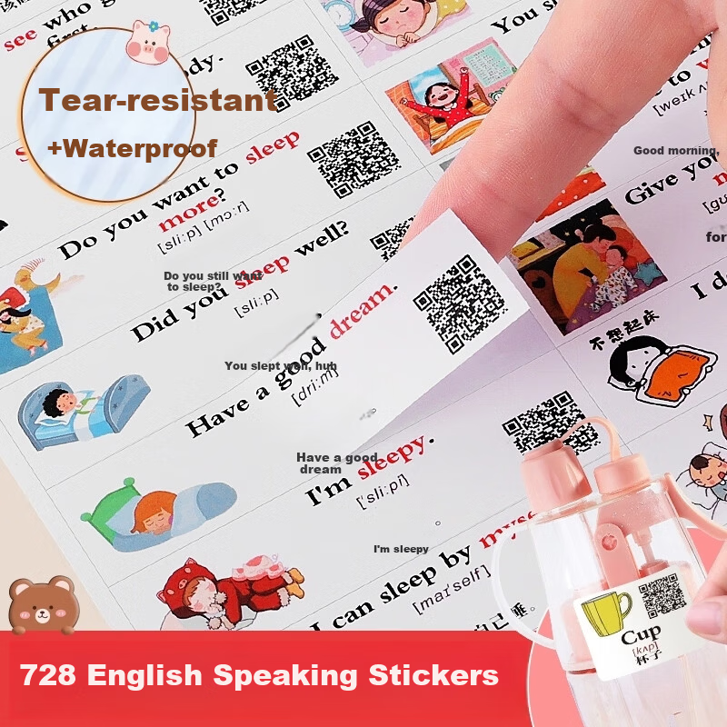 GOTOVAN Family Scene English Conversation Sticky Notes Daily Life Memo Stickers Kids Learning Labels Elementary School English Word Flashcards Cartoon Waterproof Stickers