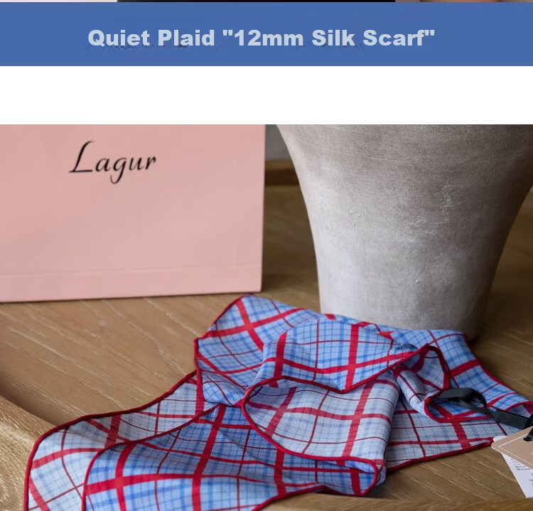 Lagur Tranquil Blue Plaid 100% Mulberry Silk Scarf Long Triangle Diamond Vintage Headband for Women Tranquil Blue 3