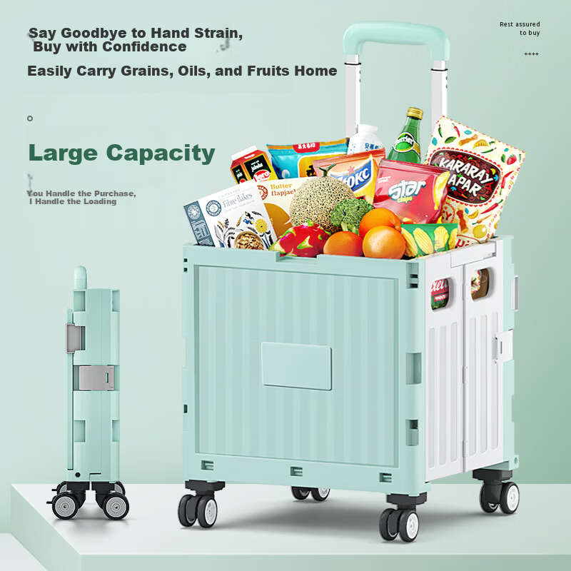 Younai Foldable Shopping Cart Portable Small Trolley Household Hand Cart with Cover 4 Wheels for Grocery and Parcel Pickup