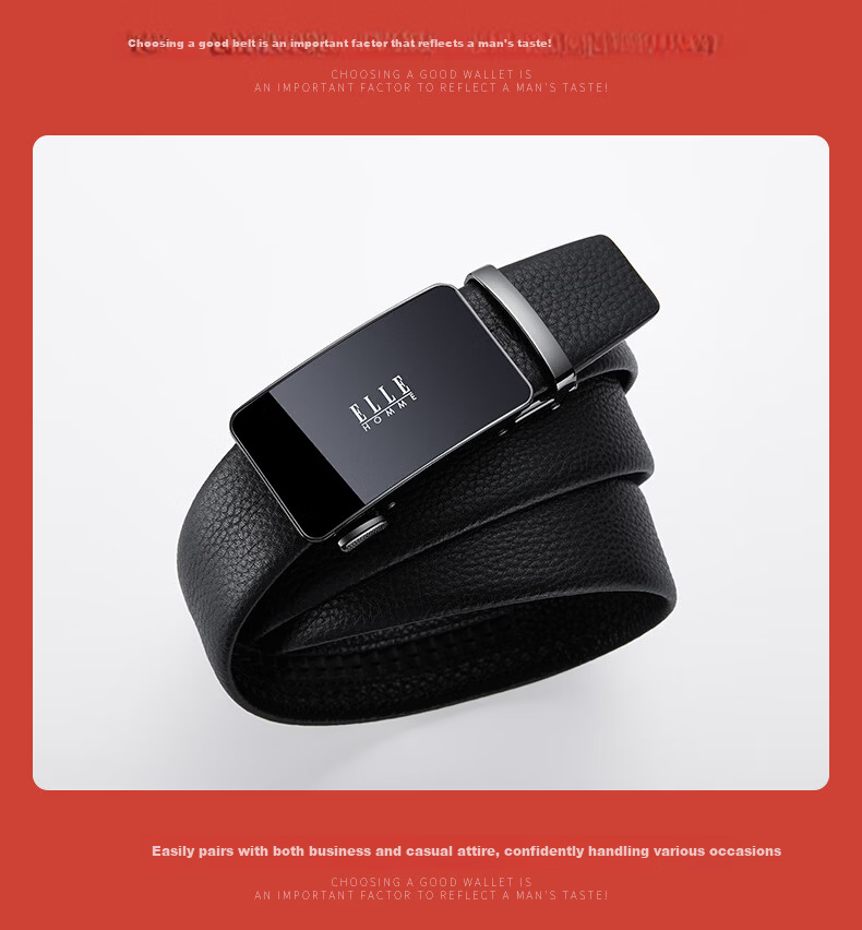 ELLE HOMME French Brand Men's Genuine Leather Belt Automatic Buckle Top Layer Cowhide Waist Belt Gift Box Birthday Gift for Boyfriend 12