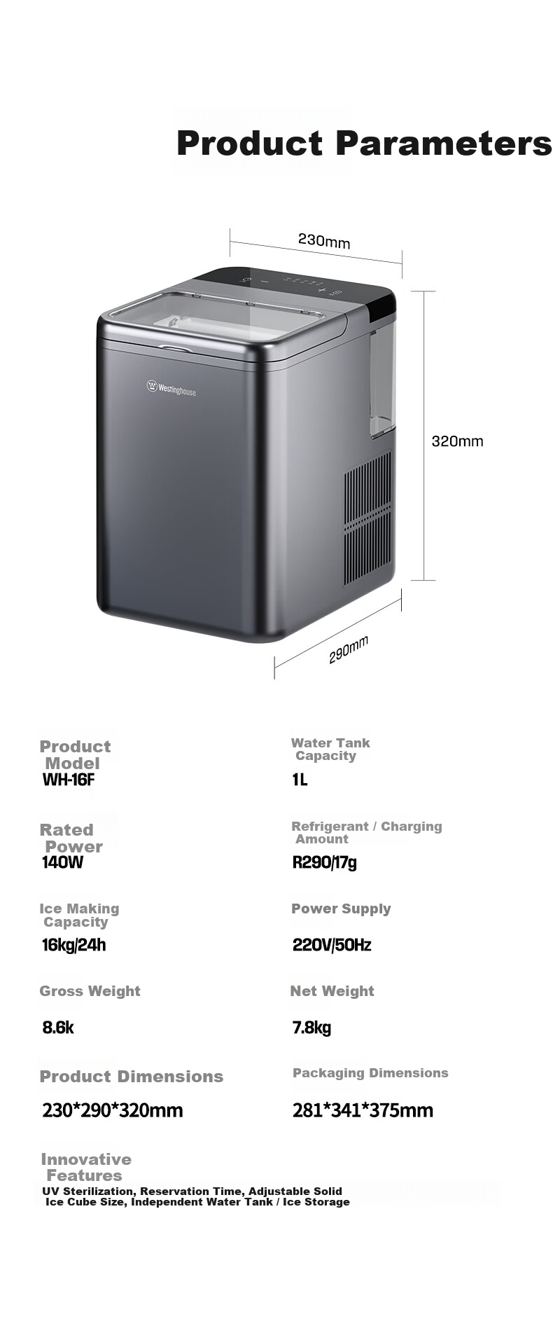 Westinghouse Home and Commercial Ice Maker Solid Cube Small Fully Automatic Fast Ice Maker UV Sterilization Whiskey Cocktail Companion Ice Machine WH-16F 23