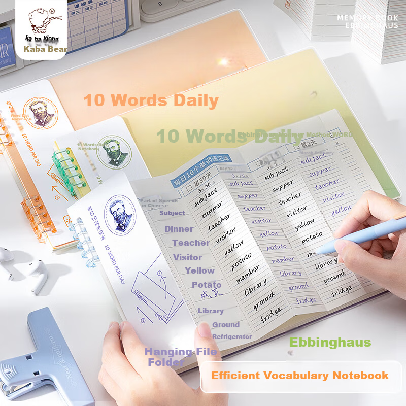 Kaba Bear Daily Ten Words Vocabulary Notebook 60 Pages Efficient English Word Memorization Foldable Refillable Thick Beige Paper with Divider Student Gradient Green
