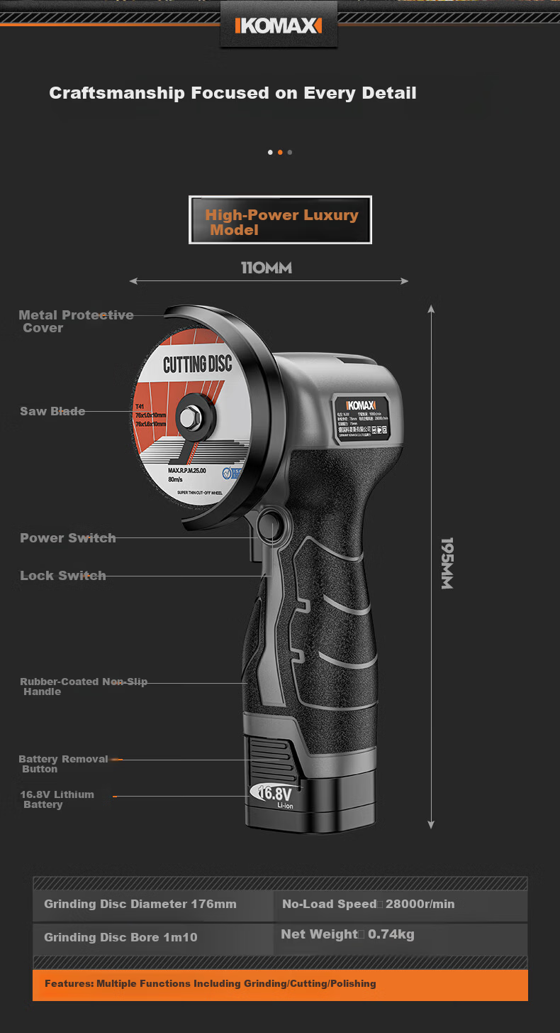 KOMAX Mini Angle Grinder Cordless Lithium Battery Polisher Multifunctional Small Rechargeable Hand Grinder Cutting Machine 19