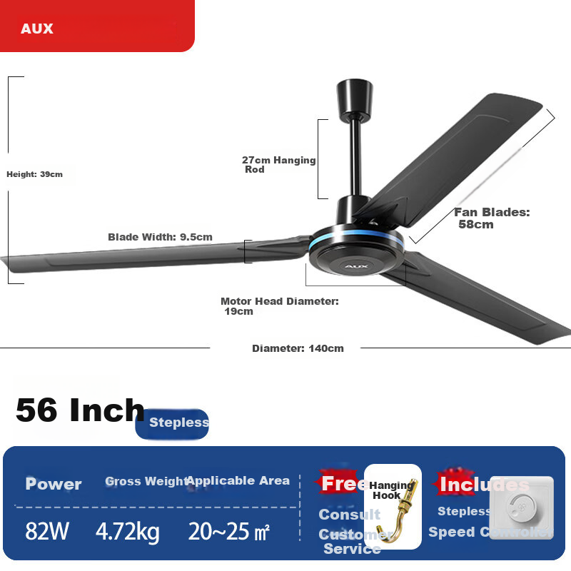 AUX 56-Inch 3-Blade Ceiling Fan with Stepless Speed Control Switch, High Power Industrial Hanging Fan for Home and Living Room
