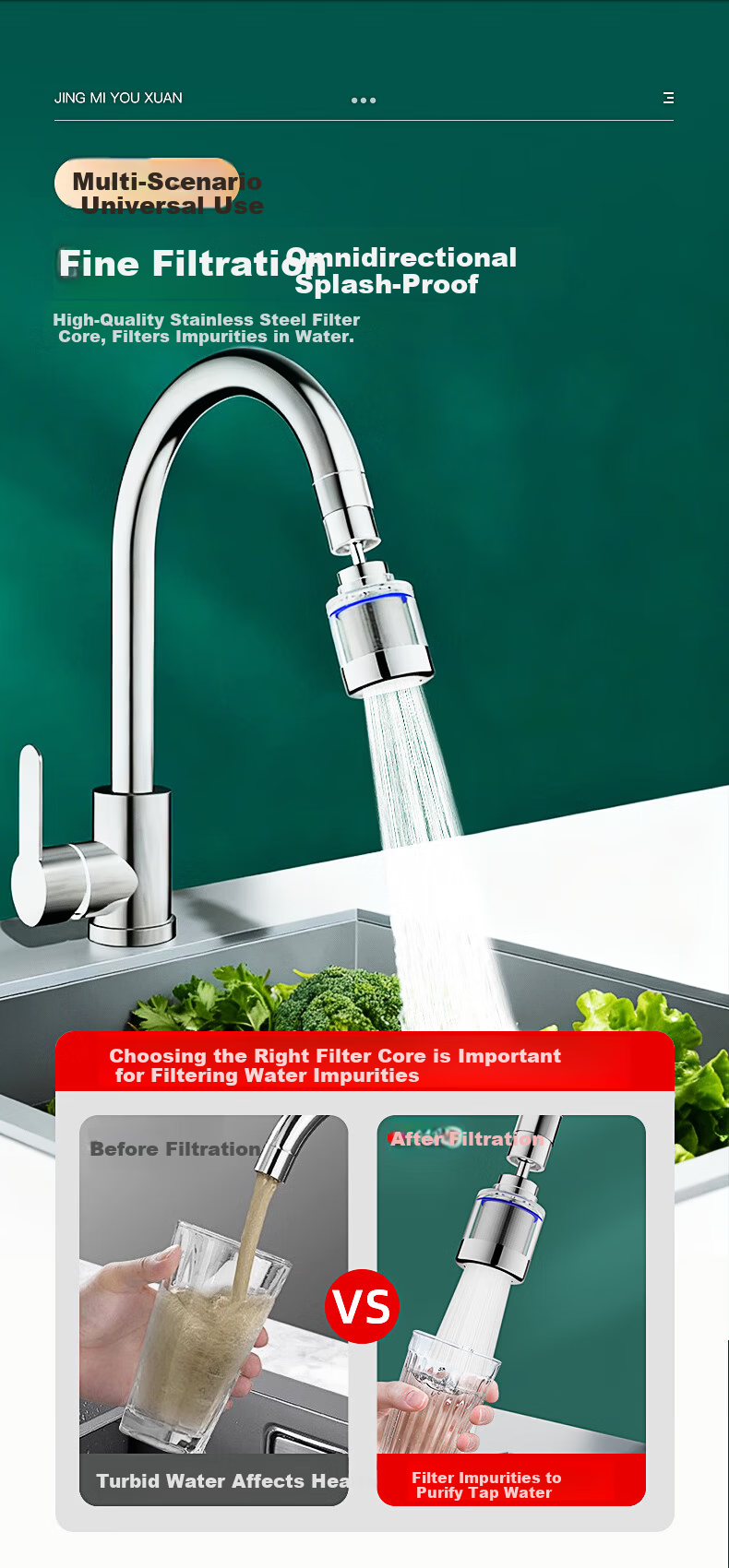 Jingmi Premium Kitchen Faucet Filter Extender Household Vegetable Sink Booster Nozzle Splash-Proof Stainless Steel Filter Core 3