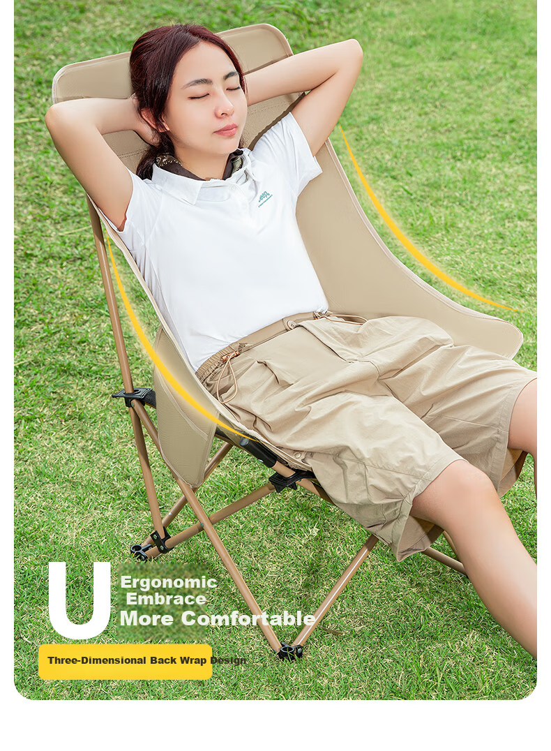 JEEP Outdoor Camping Folding Chair High Back Moon Chair Comfortable Portable Fishing Recliner - Fine Sand Yellow 6