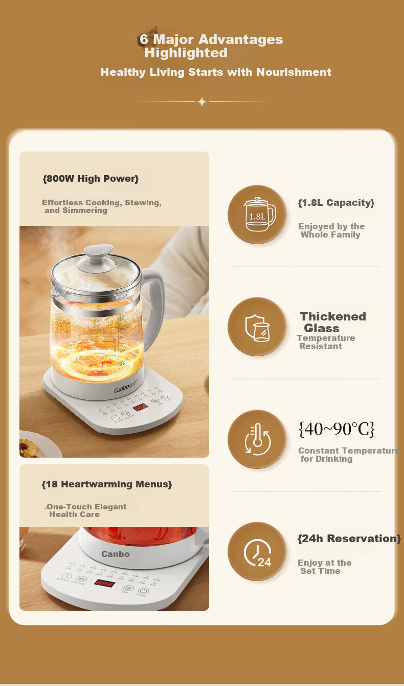 Canbo Health Pot Electric Tea Kettle 304 Stainless Steel Temperature Control Kettle Insulated Electric Water Boiler Flower Tea Kettle SLH-YSH1808 2
