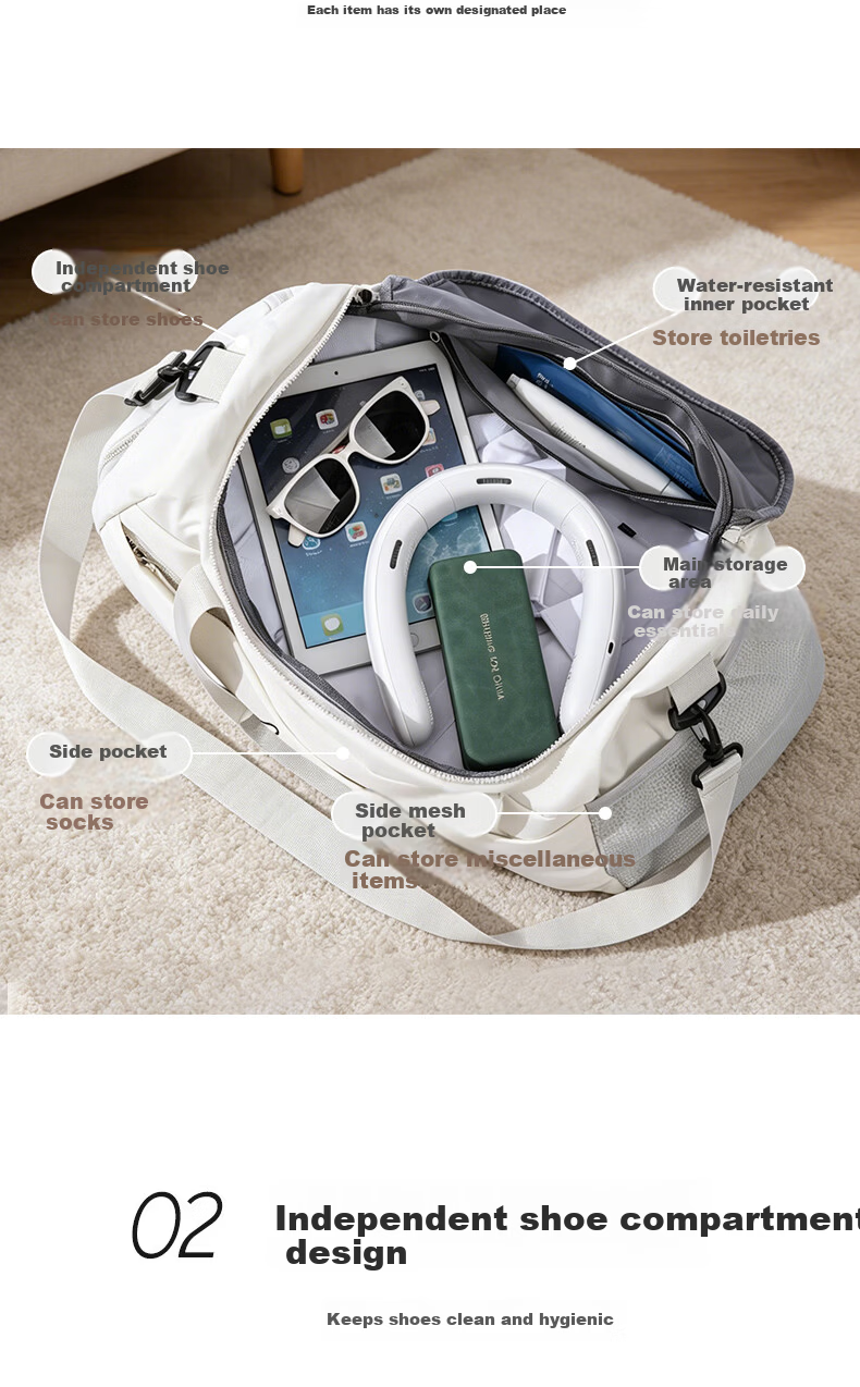 Etravel Travel Bag Gym Bag Large Capacity Storage Bag for Men and Women Travel Business Trip Luggage Hanger Shoulder Crossbody White 3
