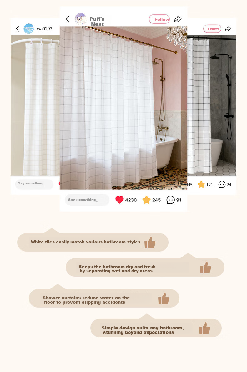 Baicaoyuan Shower Curtain Bathroom Waterproof Partition Curtain Mold Resistant 160x180cm 2