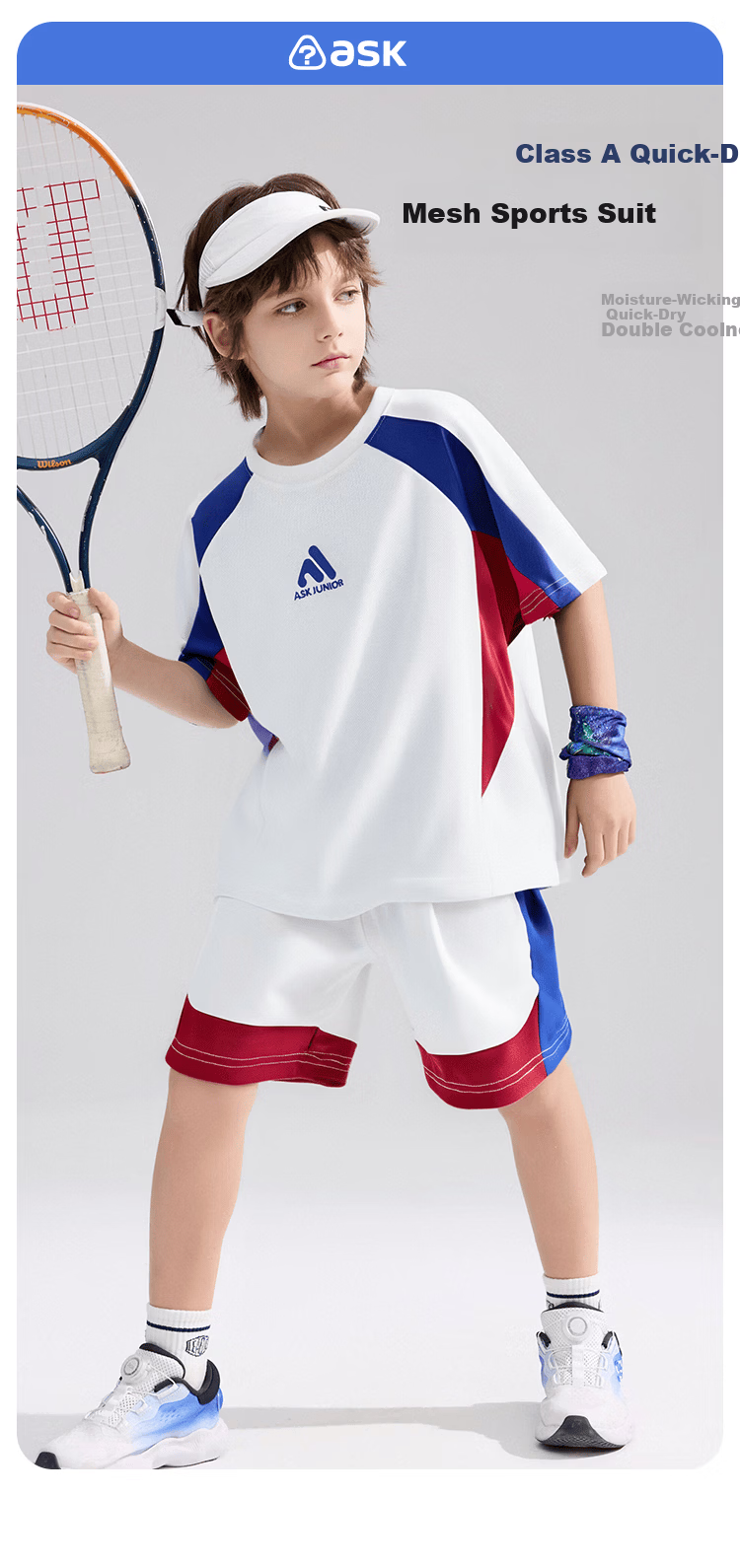 ASK JUNIOR Kids Quick-Dry Sports Summer Set Short Sleeve T-Shirt and Boys Girls Five-Point Shorts Two-Piece Set 1