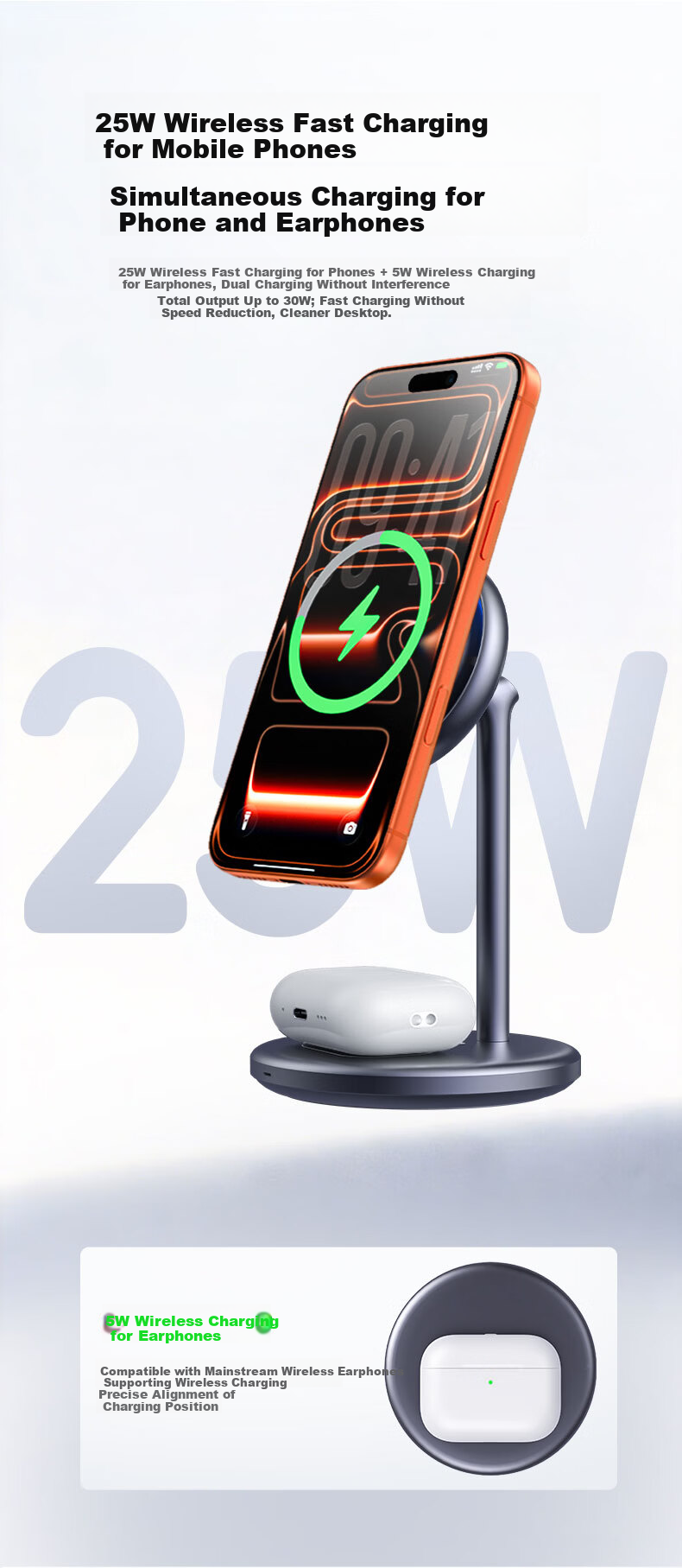 JD Jingzao 25W Wireless Magnetic 2-in-1 Charging Stand for iPhone 17 Pro Max and AirPods 5