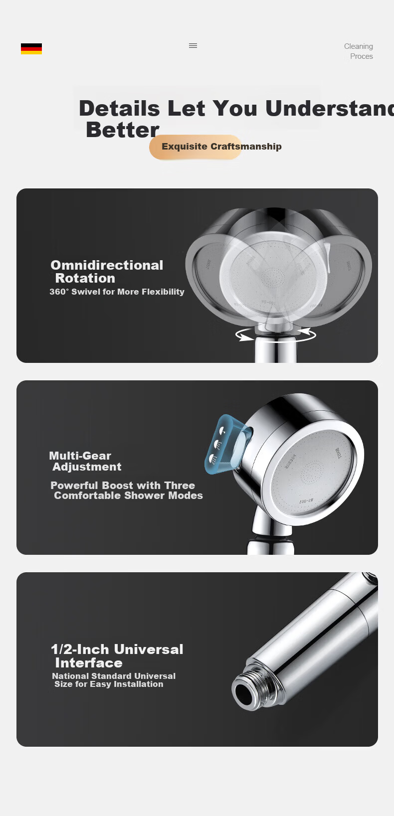 IVORPO [Germany] High-Pressure Multifunctional Handheld Shower Head with Booster and Overhead Spray 11