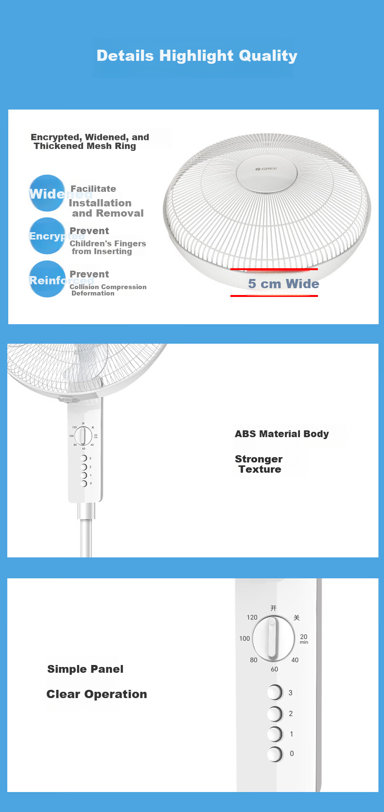 GREE Large Airflow 5-Blade Household Electric Fan Office Adjustable Height Pedestal Fan with Timer FD-4012-WG 8