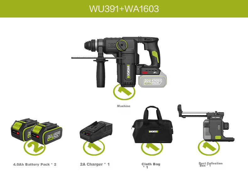 WORX 20V Cordless Lithium Battery Hammer Drill WU391.9 (Bare Tool) Rechargeable Impact Drill Concrete Electric Tool 26