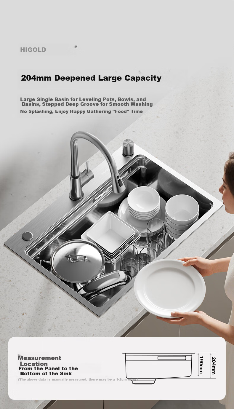 HIGOLD Kitchen Sink Stepped 304 Stainless Steel Left Drain Large Single Bowl 770*440mm Undermount Sink 10
