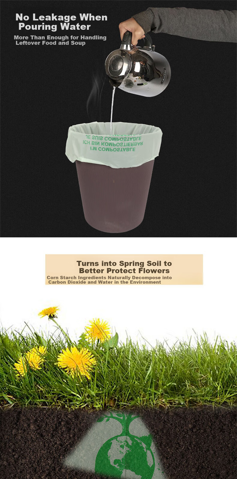 Mandelay Fully Biodegradable Garbage Bags PLA Corn Starch Compostable Trash Bags Disposable Eco-friendly Light Green 10L 3