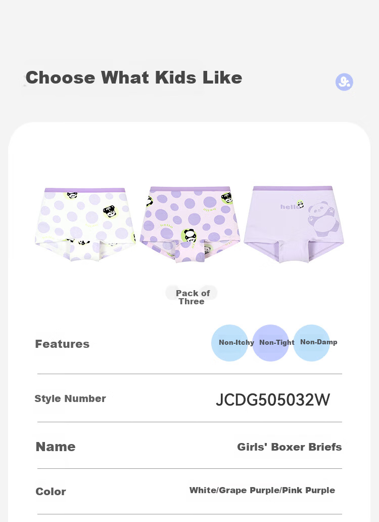 Jiusuiban Kids Girls' 7A Antibacterial Silk Gusset Boxer Shorts Cartoon Panda Plant Cotton 9