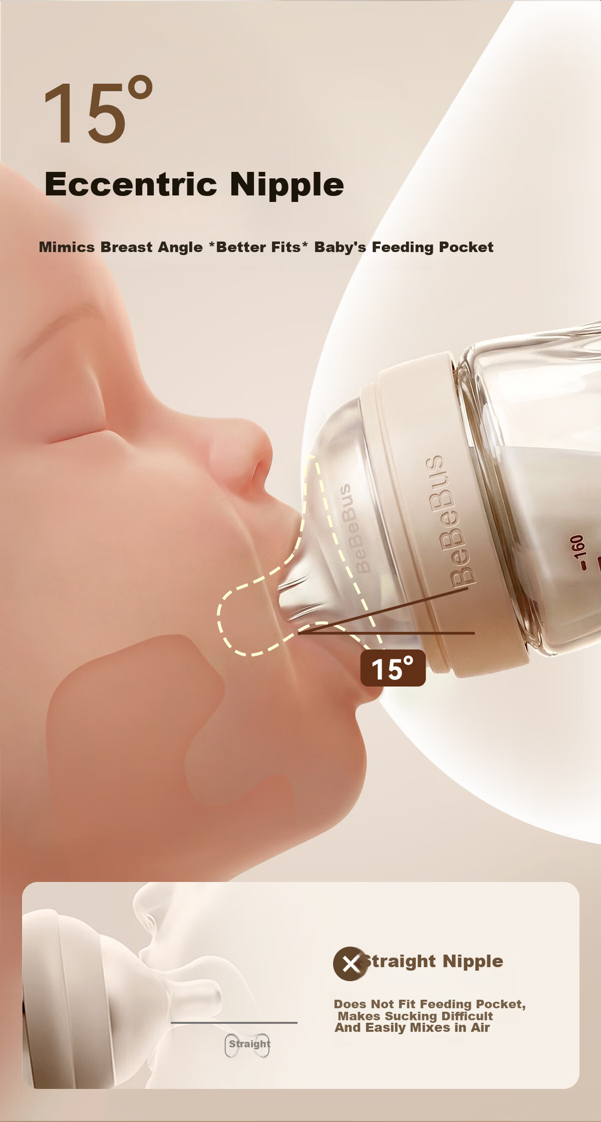 Bebebus Newborn Baby Bottle 0-1 Month Anti-Colic Glass Infant Bottle with Breast-Like Nipple 160ml 8