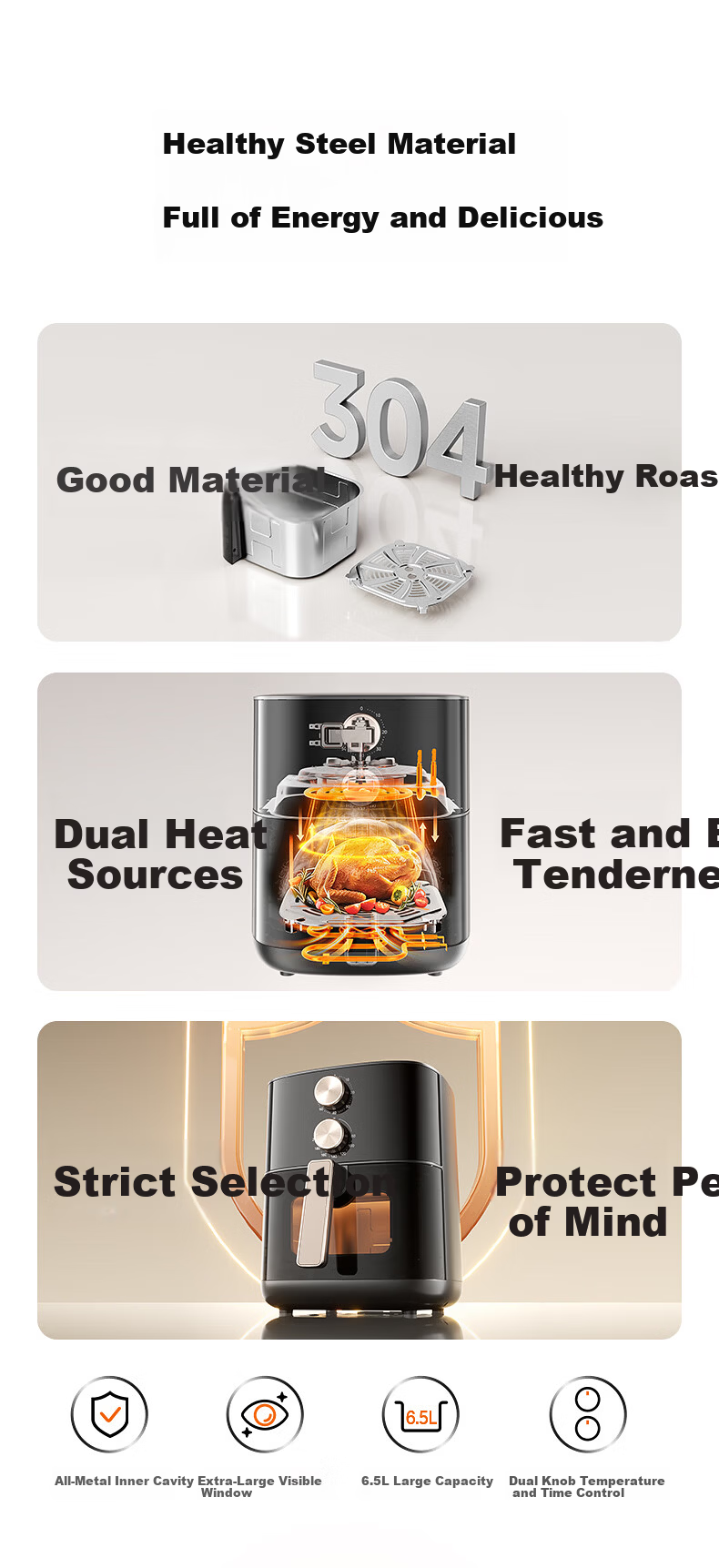Midea Air Fryer Stainless Steel 0-Coating 2026 New Model【Price Guarantee 618】6.5L Large Capacity Home Air Fryer Steam Oven Combo Metal Interior KZE6559PRO 5