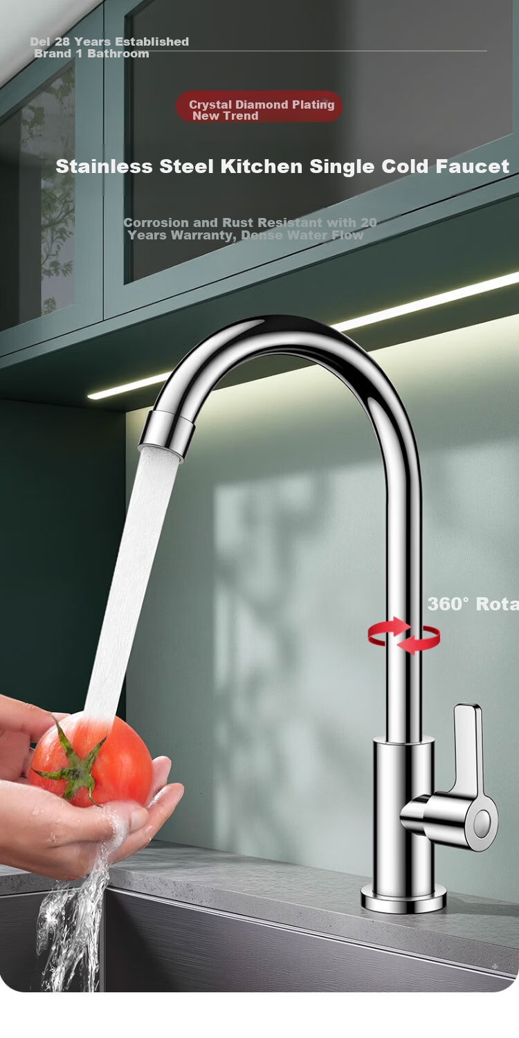 Delr [28 Years Brand] Stainless Steel Kitchen Faucet Single Cold 360° Rotation Sink CFLT-DL 1