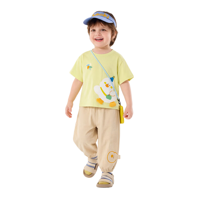 Dudu Kids Cartoon Summer Set Baby Skin-Friendly Two-Piece Boys T-Shirt Girls Mosquito-Proof Pants Summer Sunlight Yellow 100