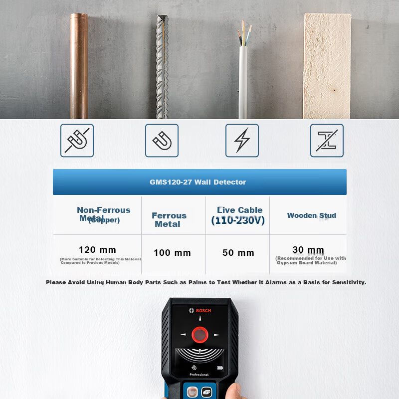BOSCH GMS 120-27 Multifunction Wall Scanner Detector for Metal and Wood, Waterproof and Dustproof, 120mm
