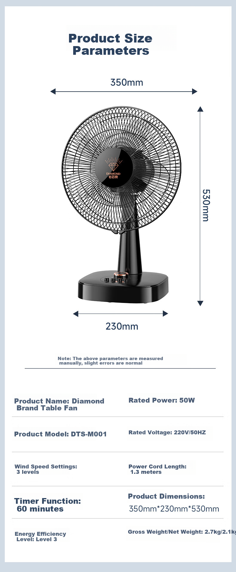 DIAMOND Diamond Brand Desktop Electric Fan Home Table Fan Dormitory Bedroom Oscillating Fan Living Room Office Energy-Saving Fan Student Desktop Fan DTS-M001 14