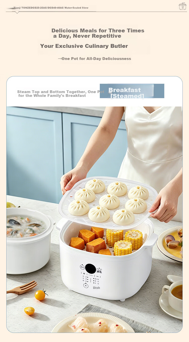 TONZE Electric Stew Pot, Double Boiler, Home Automatic Soup Maker, Ceramic Inner Pot, Bird's Nest Stew Pot, Special Steam Stewing Multi-Function Cooker, One Pot with 4 Inner Pots, DGD25-25AG 7