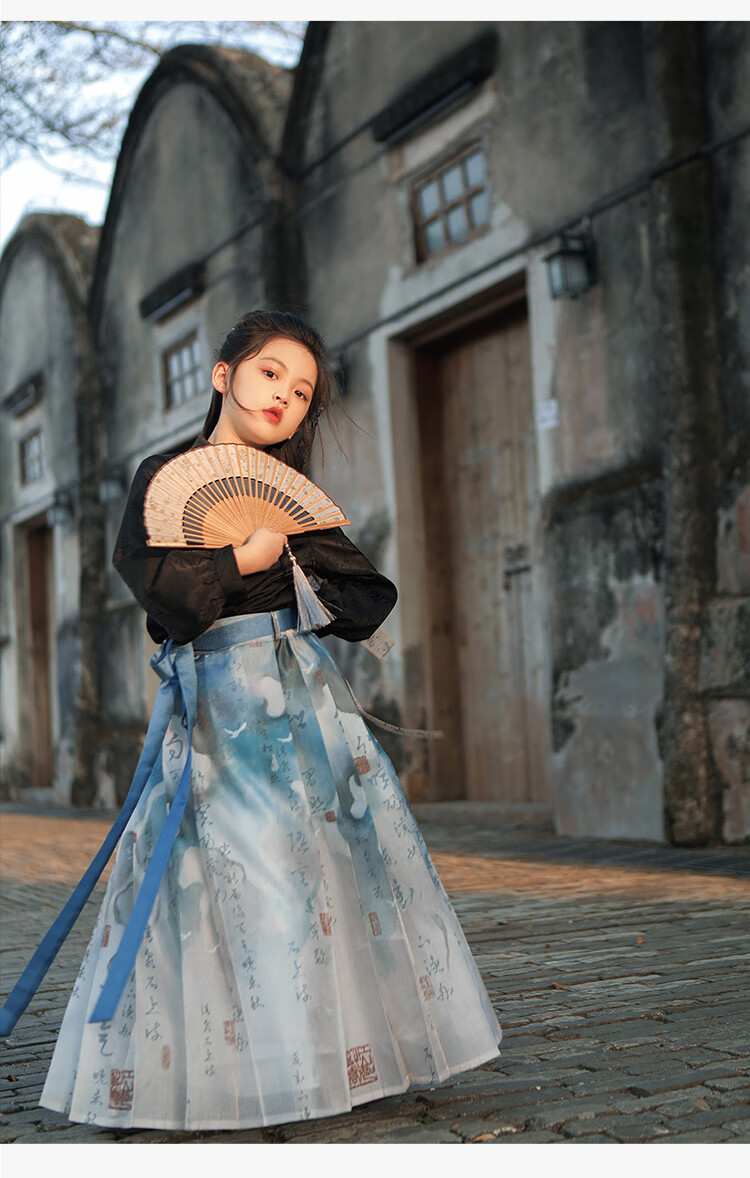 Qibo Girls' Spring 2025 New Chinese-Style Hanfu Top (Top Only), Ma Face Skirt, Ink-Style Top 5
