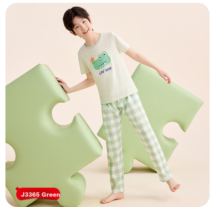 Hodo Kids Cotton Short Sleeve Pajama Set Summer Thin Air Conditioning Homewear 7A Antibacterial J3365 Green 130 7