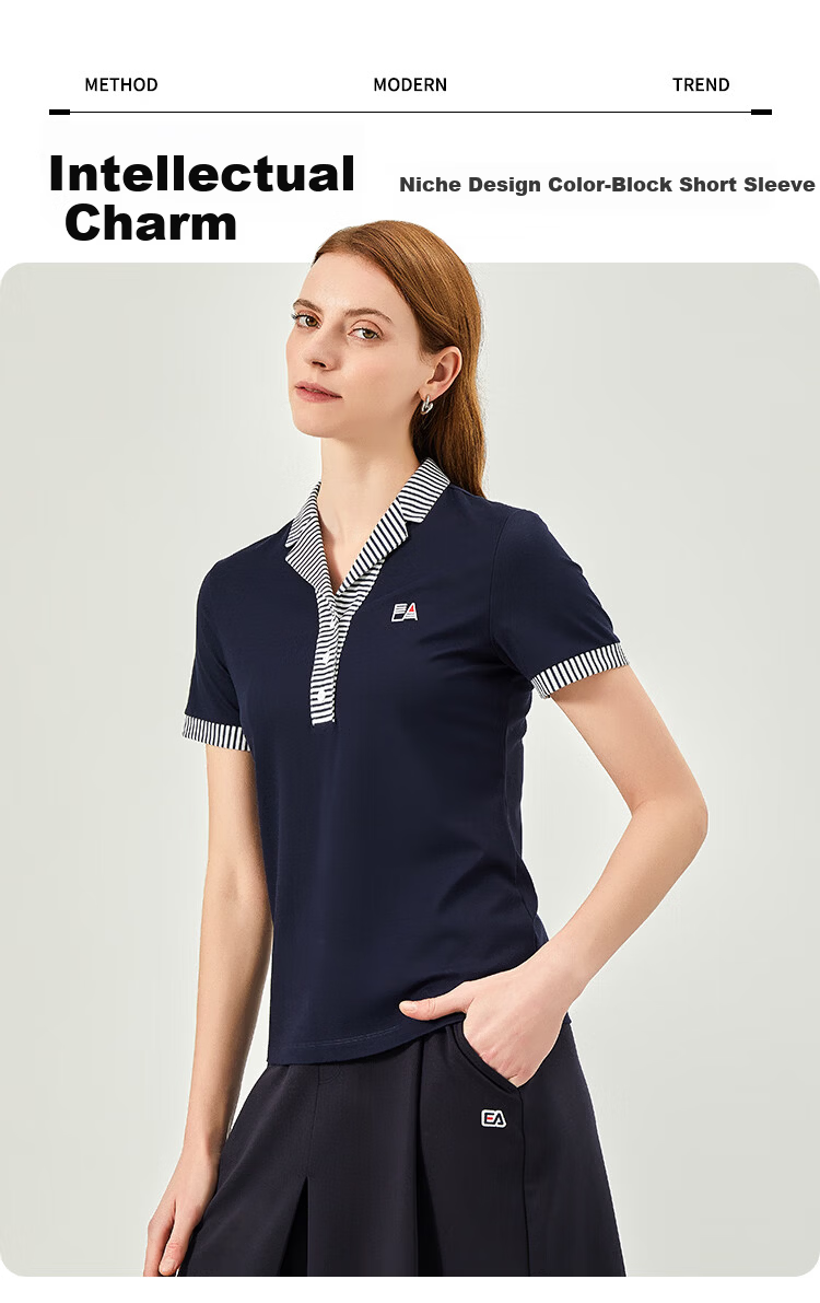 ELLE ACTIVE Classic Striped V-Neck Short Sleeve T-Shirt for Women Casual Slim Fit Top Summer Navy Blue S 1