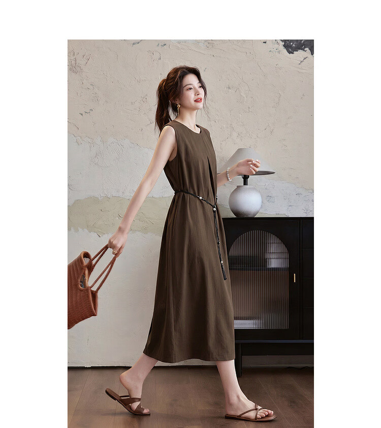 Demana Elegant Urban Summer Simple Cotton-Blend Stretch Round Neck Pleated Sleeveless Belted Dress for Women Premium Feel 13