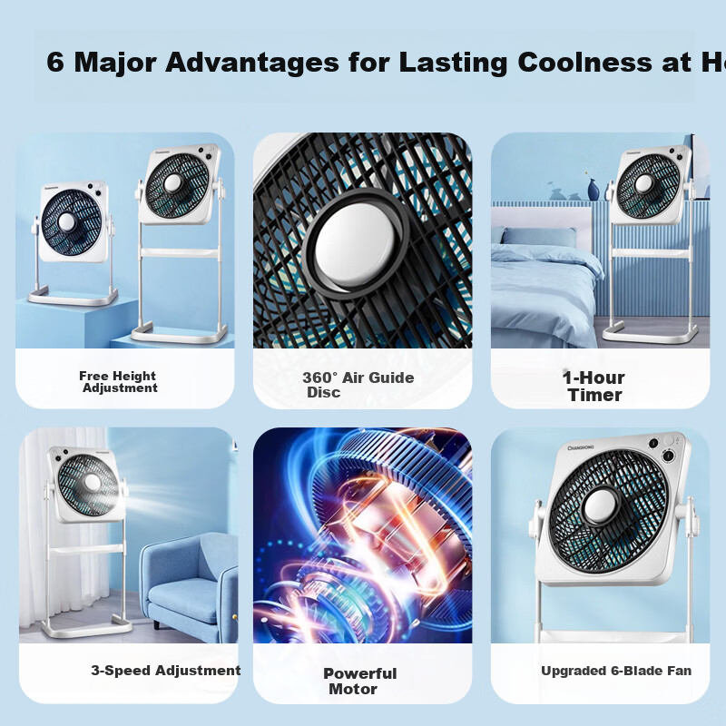 CHANGHONG Adjustable Steel Frame Pedestal Fan Home Floor Fan Dormitory Table Fan Desktop Timer Small Fan Six-Blade Soft Wind Fan FS-ZJ501