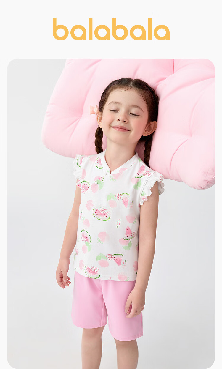 Balabala Baby Pajama Set Spring Summer Lightweight Children's Air Conditioning Clothes Girls' Homewear Toddler Traditional Chinese Style Print 3