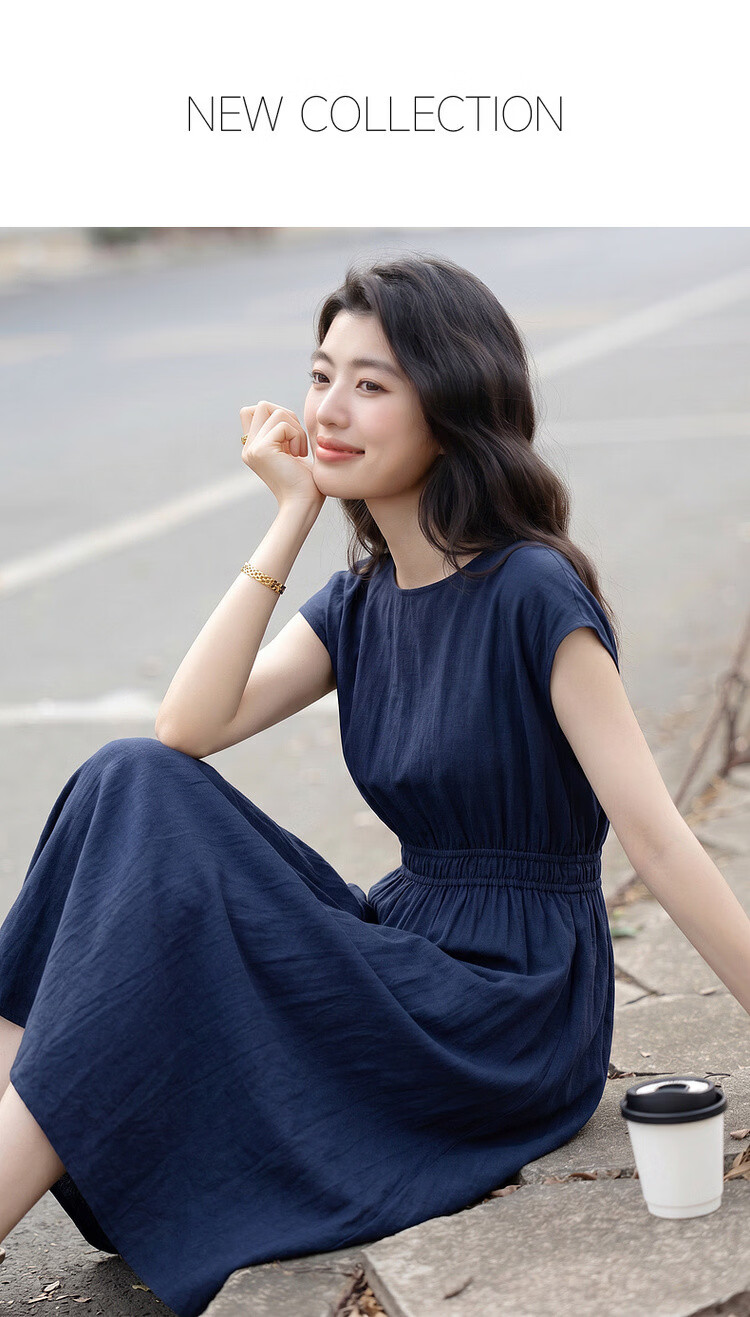 Demana [Elegance Companion] Summer Commuter Style Round Neck High Waist Cap Sleeve Lightweight Draped Mid-Length Women's Dress 1
