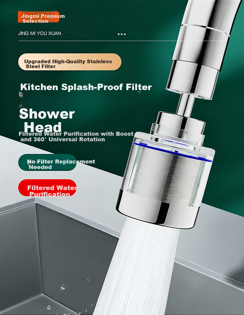Jingmi Premium Kitchen Faucet Filter Extender Household Vegetable Sink Booster Nozzle Splash-Proof Stainless Steel Filter Core 1