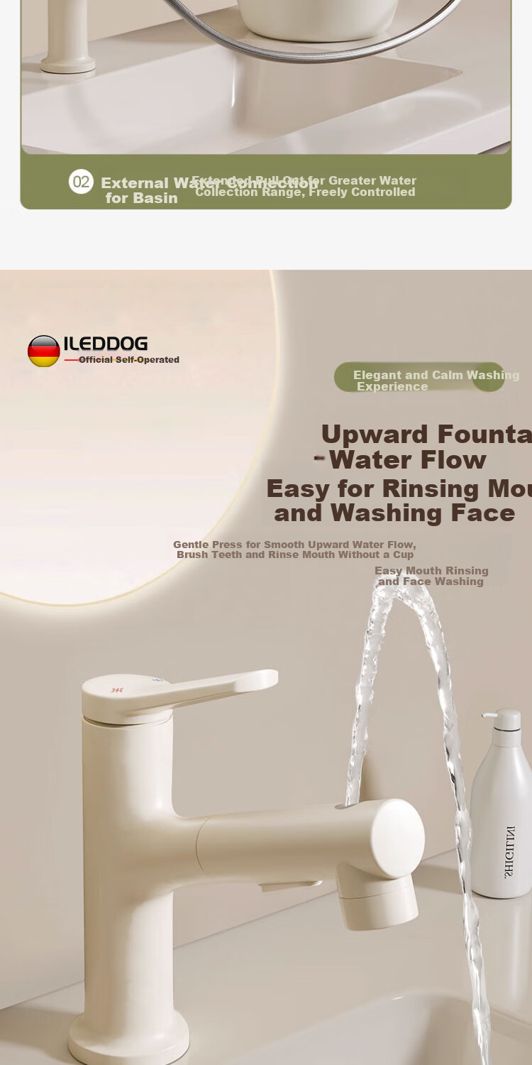 ILeddog [Germany] All-Copper Body Pull-Out Basin Faucet for Washbasin, Bathroom Universal Swivel Faucet MPCL 10
