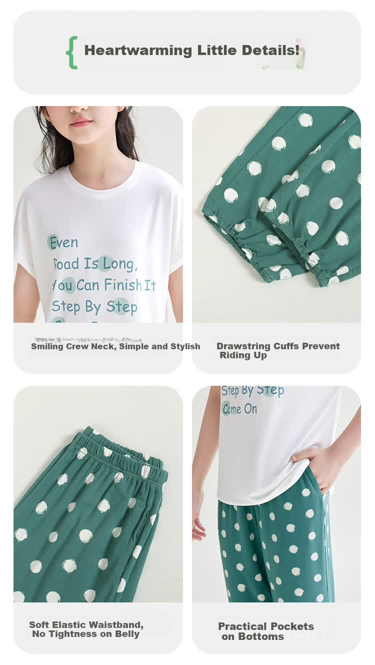 Hodohome Modal Girls' Summer Short Sleeve Pajama Set Breathable Soft Stretch Cute Print Homewear 7