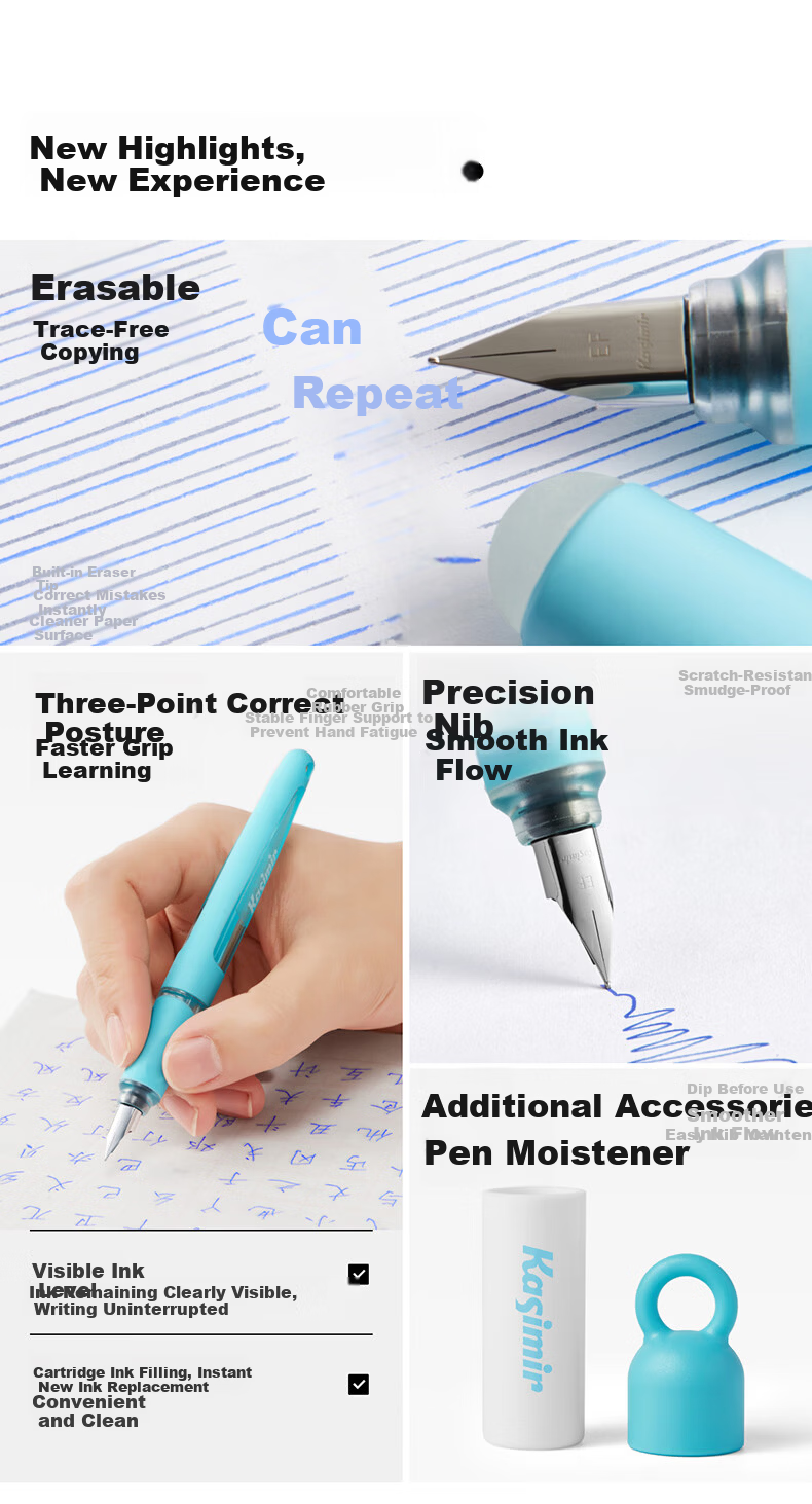Casimir Lightweight Correct Posture Heat-Erasable Fountain Pen Set Beginner Handwriting Grade 3 Ergonomic Signature Student Stationery Green Pen + 10 Crystal Blue Ink Cartridges 2