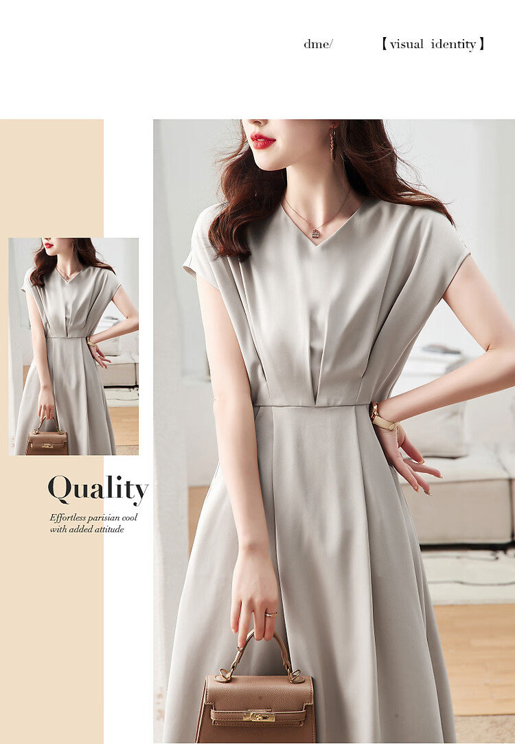 DME A-Line Skirt Summer Commuter V-Neck Short Sleeve Simple Mid-Length Dress for Women 19