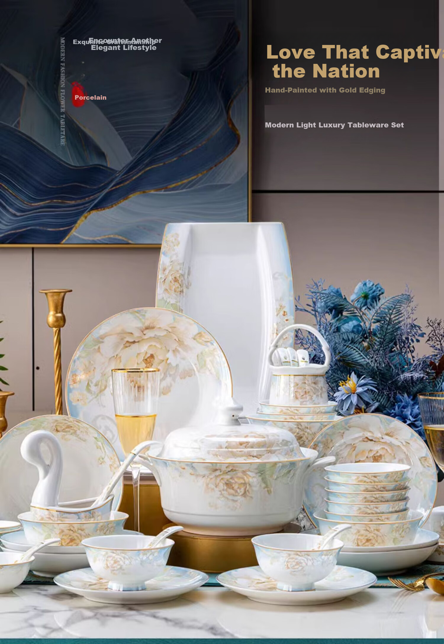Mingyi 70-Piece 12-Person Porcelain Dinnerware Set Inclined Love Ceramic Bowls and Plates Home Dining Tableware Chopsticks and Plates Full Set Housewarming Gift 1