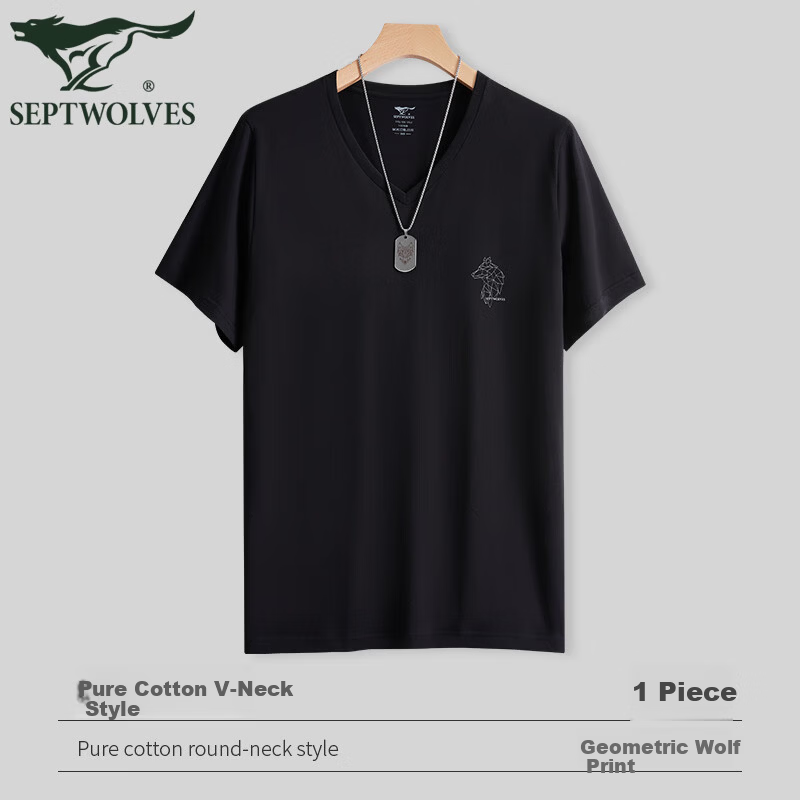 SEPTWOLVES Men's Short Sleeve T-Shirt Summer V-Neck 100% Cotton Wolf Head Print Sports Tee Base Shirt